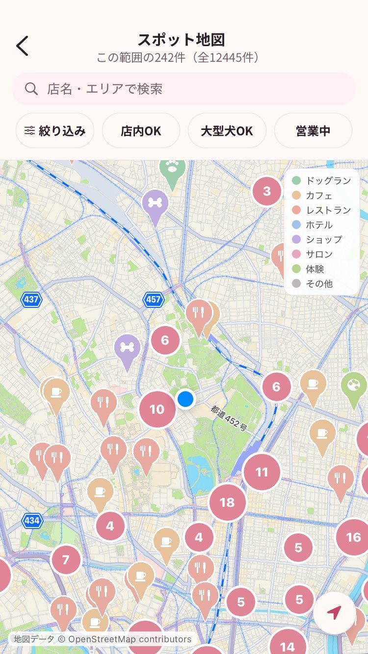 スポット地図の画面。同伴の条件ごとに色分けされたピンが並ぶ